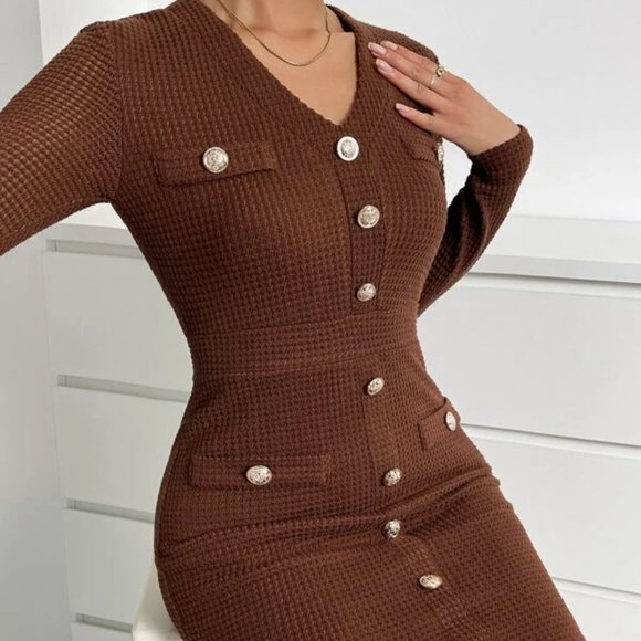 Dresses & Skirts - Coffee Brown Button Down Bodycon Dress in M